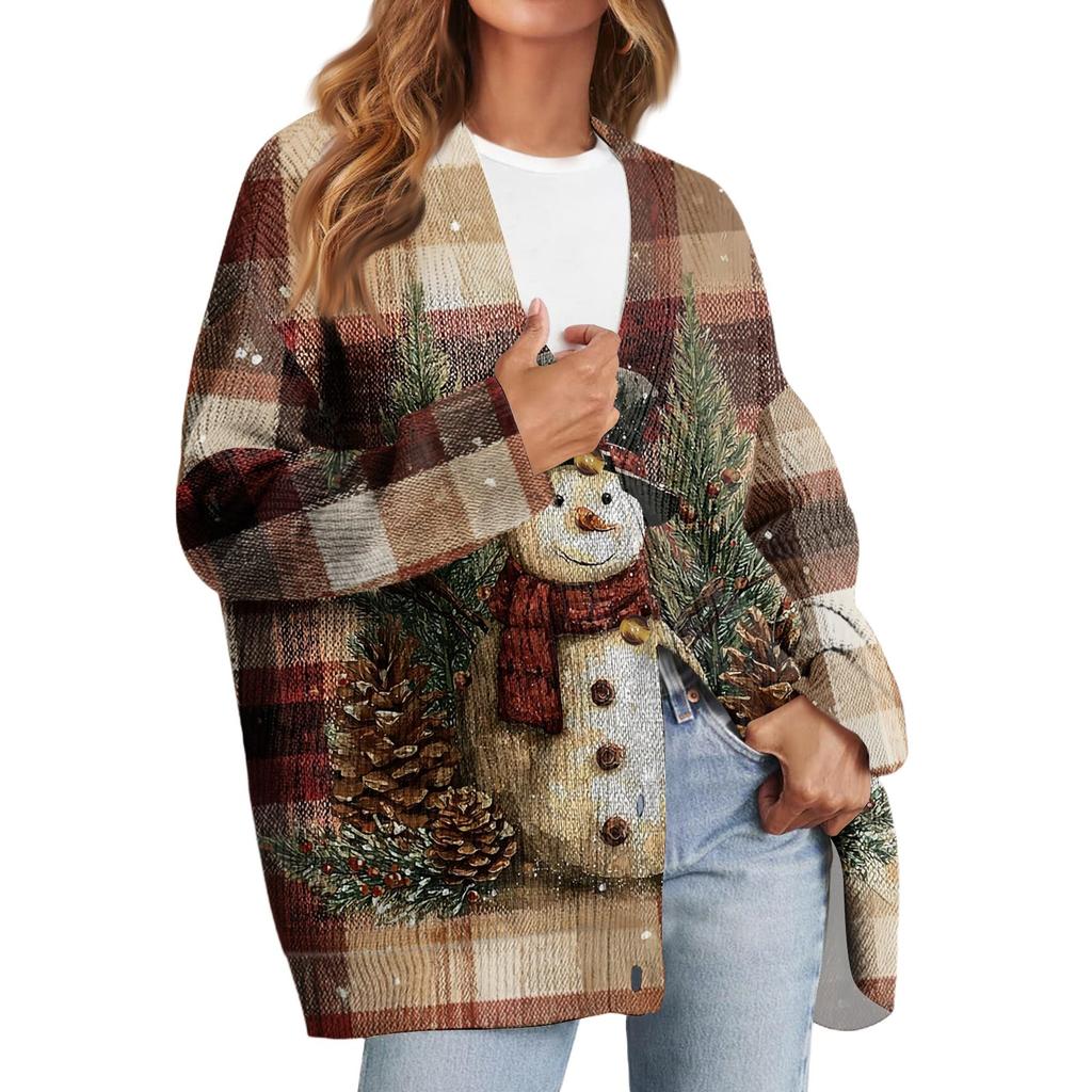 Women's Fashion Long Sleeve Christmas Print V-Neck Button Loose Cardigan Top