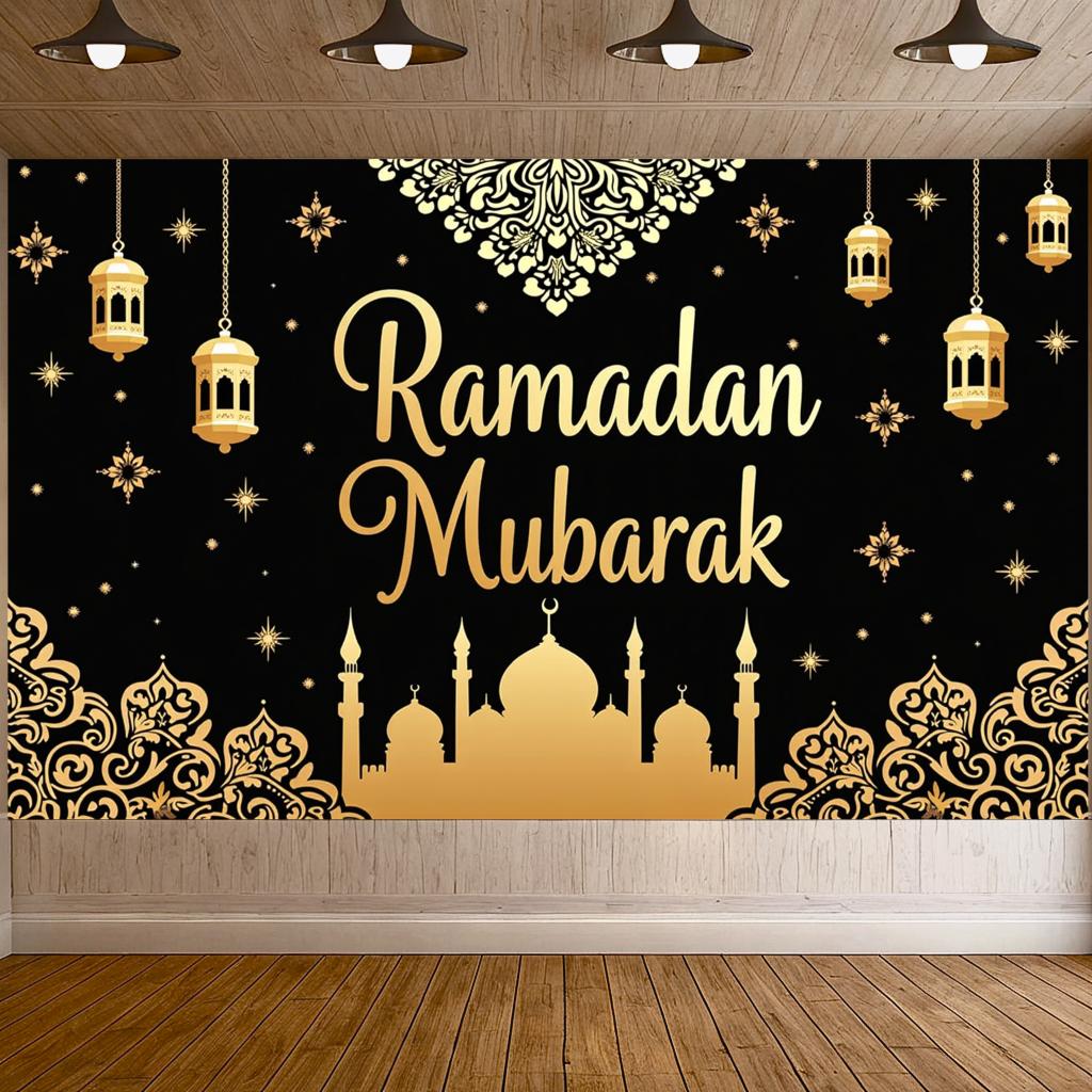 Ramadan Mubarak Banner Backdrop Lanterns Crescent Stars Mosque Party Celebration Ramadan Kareem Photography Decorations Props