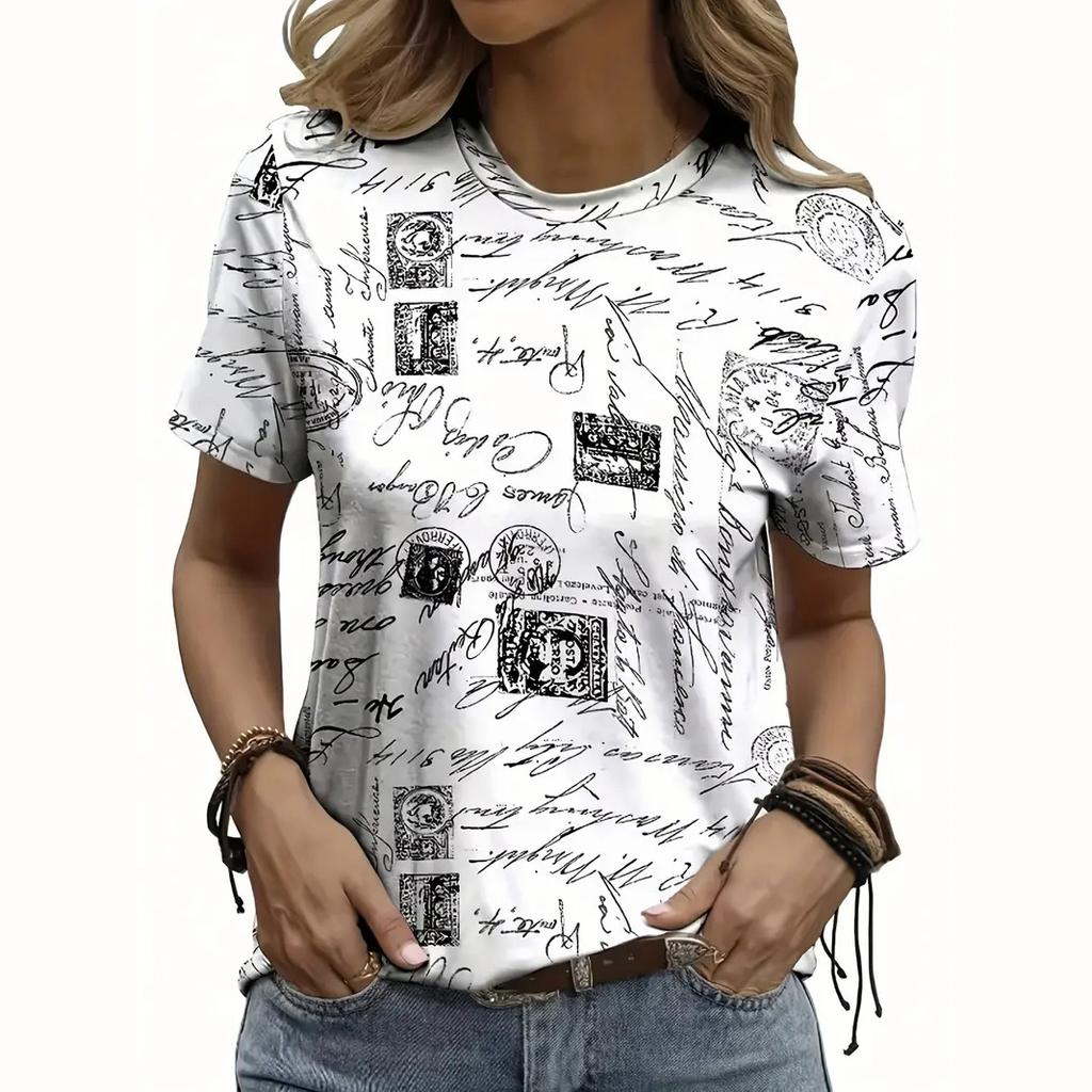 Retro Women's 3D Printed T Shirt Letter Pattern Print Tee Summer Casual Crew Neck Short Sleeve Vintage T-Shirts Male Oversized Clothing
