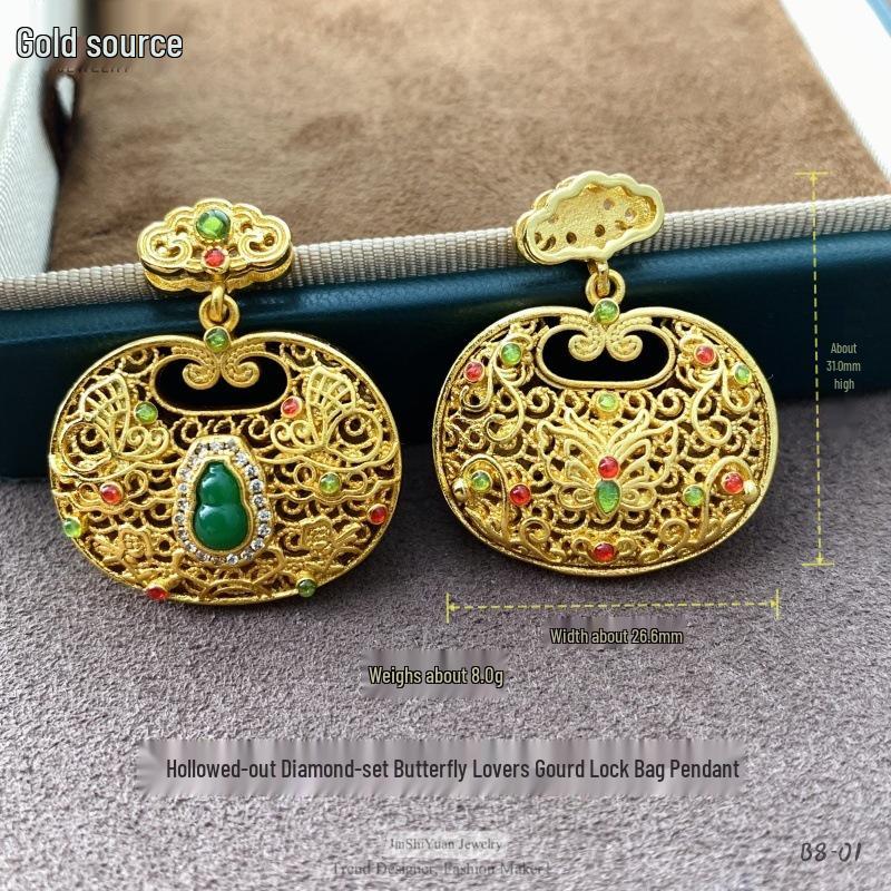 Золоченая подвеска-тыква из жадеита на цепочке с зеленым бриллиантом - Ретро полый дизайн