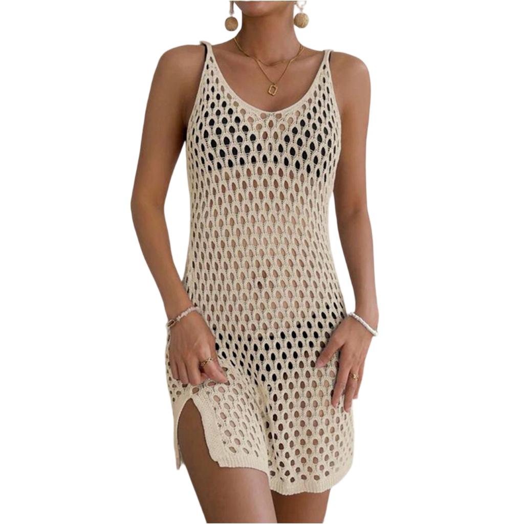 Women's Beach Dress Solid Color Sexy Knit Hollow Beach Bikini Swimsuit Cover Up