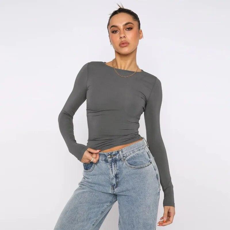 Fashion Y2K Casual Long Sleeve Tshirts Woman Round Neck Elegant Slim Fit T-shirt Women Tops Solid Skinny Office Lady Tees 30634