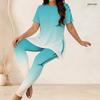 Women Plus Size Round Neck Short Sleeve Gradient Printed Longline Top Fitted Pants Two Piece Set