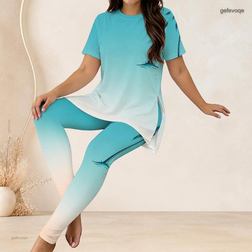 Women Plus Size Round Neck Short Sleeve Gradient Printed Longline Top Fitted Pants Two Piece Set