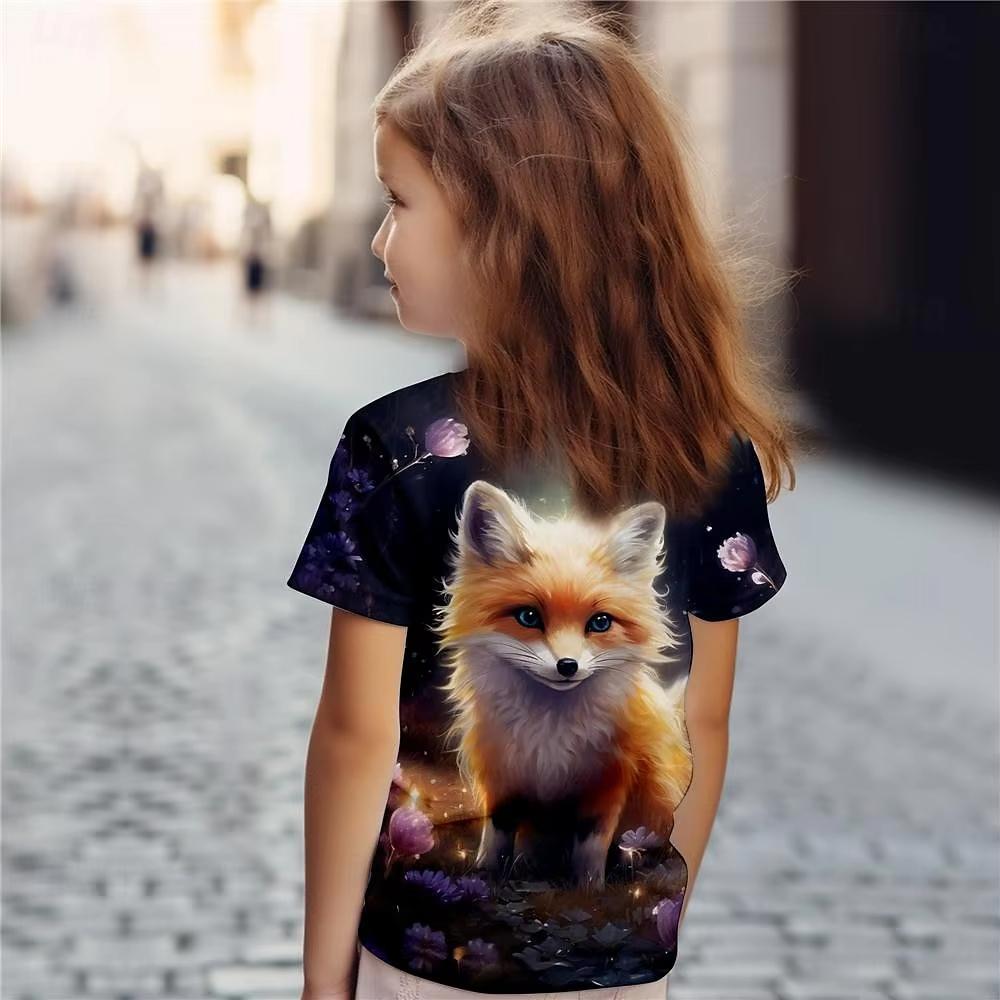 Female Child Clothes Print Animal Fox Cartoon Crew Neck Short Sleeves Graphic T Shirts Summer Fashions Outdoor T-Shirt for Girls
