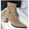 Chunky Heel Pointed Toe Patchwork Elastic Boots: 2025 Autumn/Winter Mid-Heel Short Tube Black Boots for Women & Men