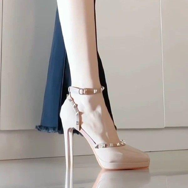 Rivet royal sister temperament sandals women's nude summer niche thick heel women's sexy pointed waterproof table high heels
