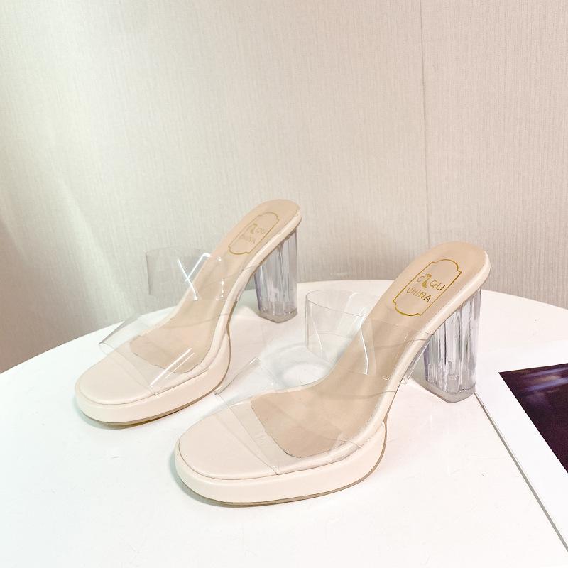 High-heeled slippers women's 2025 summer new one-word with PVC outer wear fashion crystal and slippersladies
