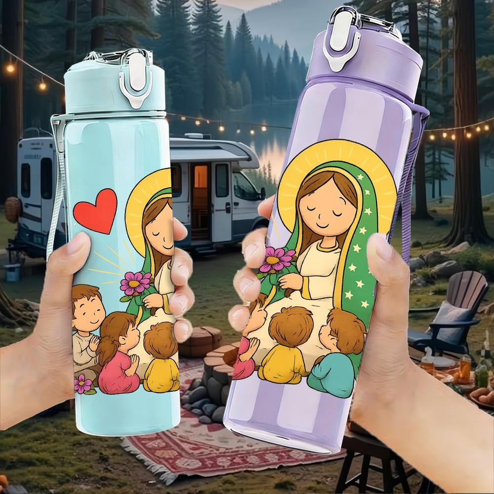 1PC Virgin Mary Kids Heart Frame 750ml Color Plastic Sports Water Bottle Leakproof Flip Straw Lid For Sports Office Home Use