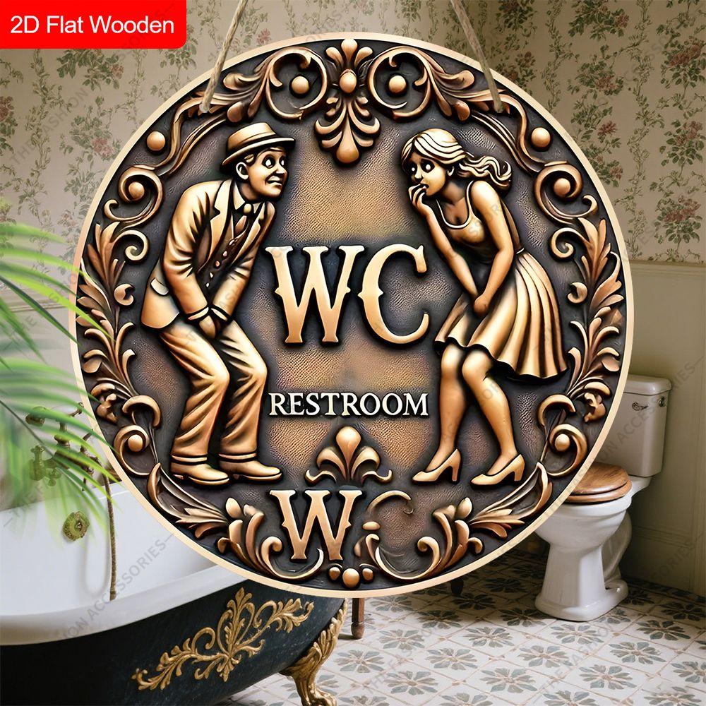 Wooden Hanging Decorative Signs, Bathroom Decorations, 2D Flat Pendants, the Pattern Is Two People and the ”WC" Logo, a Housewarming Gift for Friends