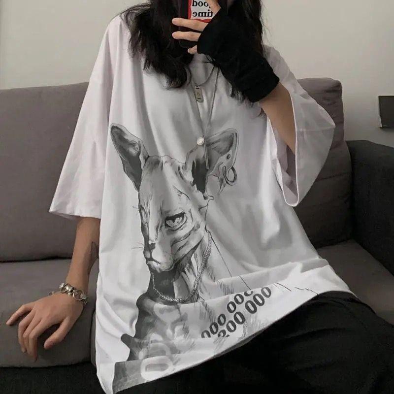 Gothic Cat Couple T Shirt for Men Tshirts Autumn Streetwear Vintage Long-sleeved Tee Men Loose Oversized Y2k T-shirts Tops