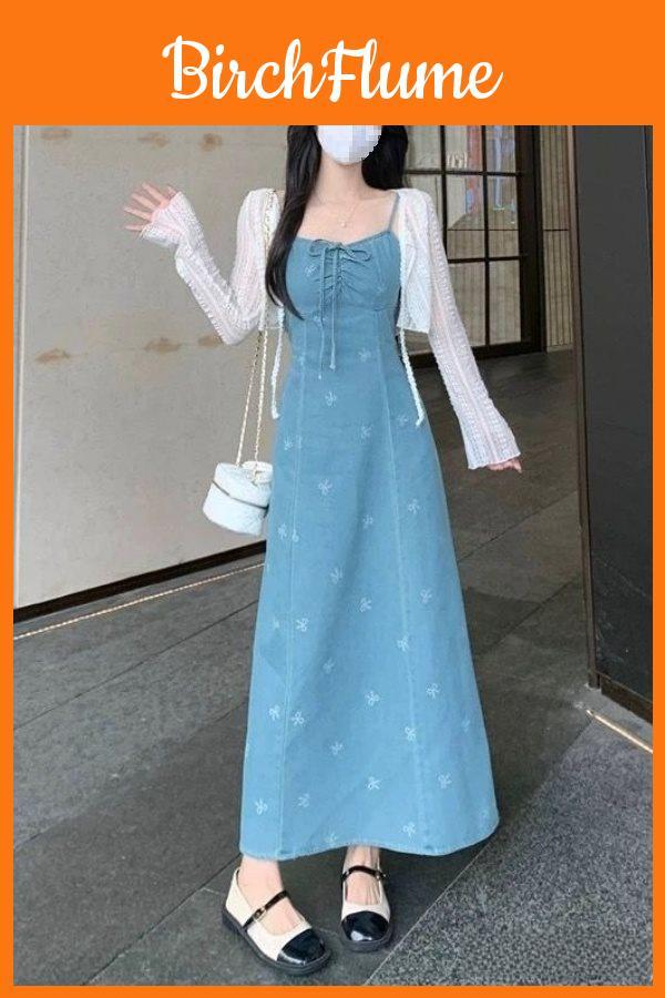 Denim Dress For Women With French Bow Tie Detail Long Sleeveless Summer Casual