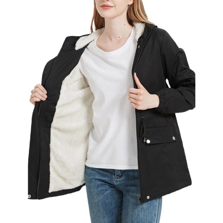 Autumn Winter Women Hooded Jacket Mid Length Plush Casual Drawstring Waist S чёрный