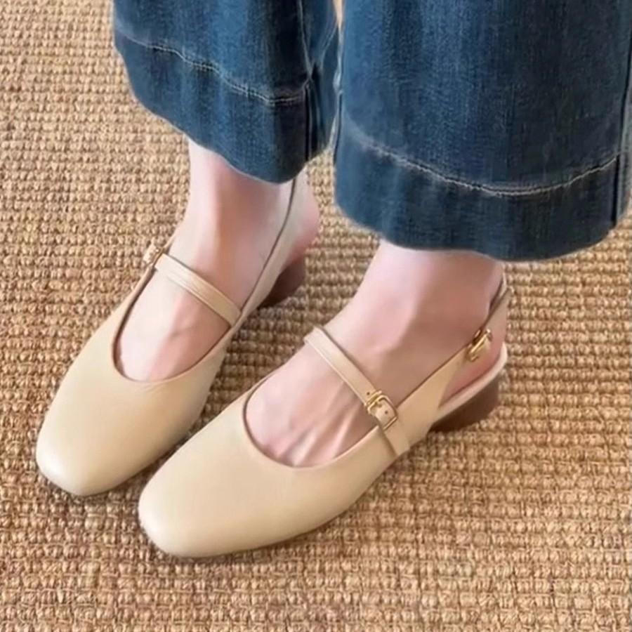 Super soft lambskin~ French bag head sandals women's summer with skirt retro word with thick heel Mary Jane single shoes