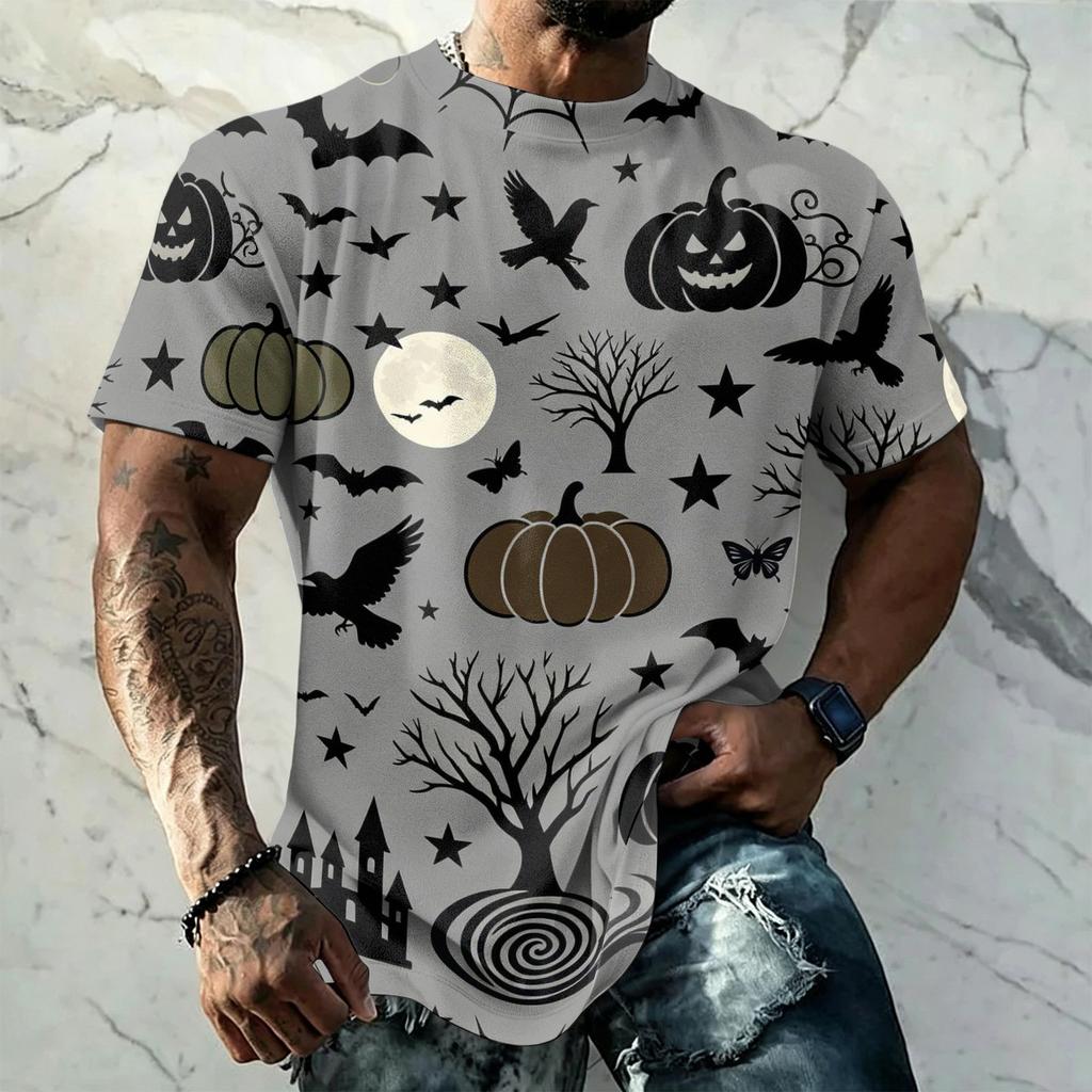 Men's Halloween Vintage Short Sleeve T Shirt Loose Fit Breathable Summer Sports Streetwear Casual Everyday Top with Spider Web Bat Moon Print
