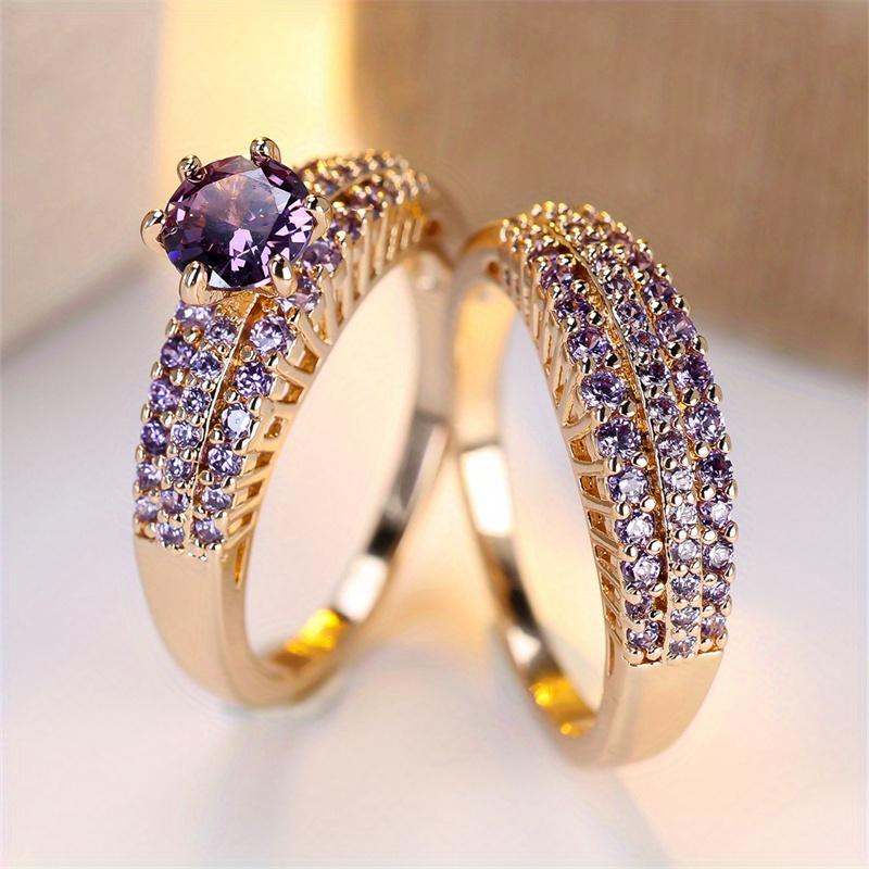 

2 шт./комплект, золотистый цвет, круглая огранка, фиолетовый камень, кольцо-коготь, обручальное кольцо, ювелирные изделия на День святого Валентина 13