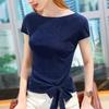 Short-sleeved T-shirt Women's Station Women's Clothing Bright Silk Mesh Bottoming Shirt Temperament One-word Shoulder Lace-up Top