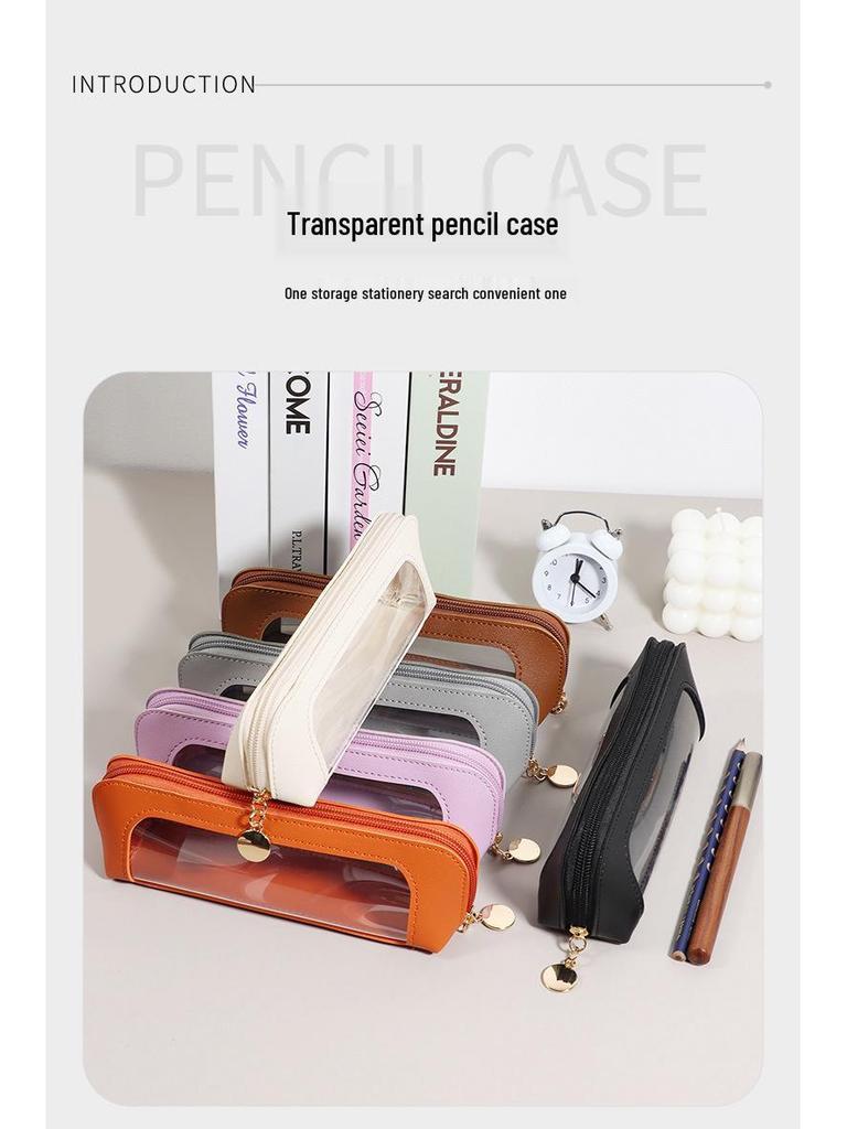 Transparent PU Leather Pencil Case with Window - 3D Stationery & Makeup Bag, Portable Storage Box
