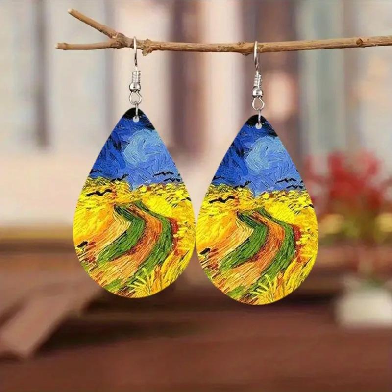 Classic Van Gogh Starry Night Earrings Vintage Tree Of Life Water Drop Leather Earrings For Women