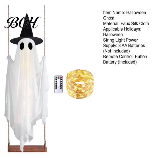 Leuchtende Halloween-Atmosphäre Requisite Hängende Schaukel Geist Dekoration mit Hexenhut, Gruselige Außen Dekoration Beleuchtet Weiß für Garten Lichterkette Und