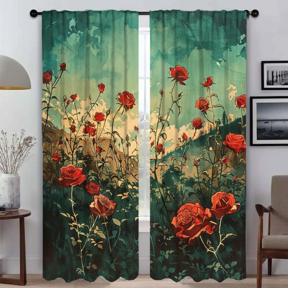 Elegant Rose Watercolor Room Curtains Living Window Curtain Tulle Bedroom Partition Halloween Decoration Shades Polyester Perfect For Great