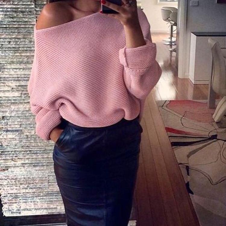 Ebay Autumn And Winter New Women'S One-Word Neck Sweater Sexy Off-The-Shoulder Bat-Sleeved Knitted Sweater Women