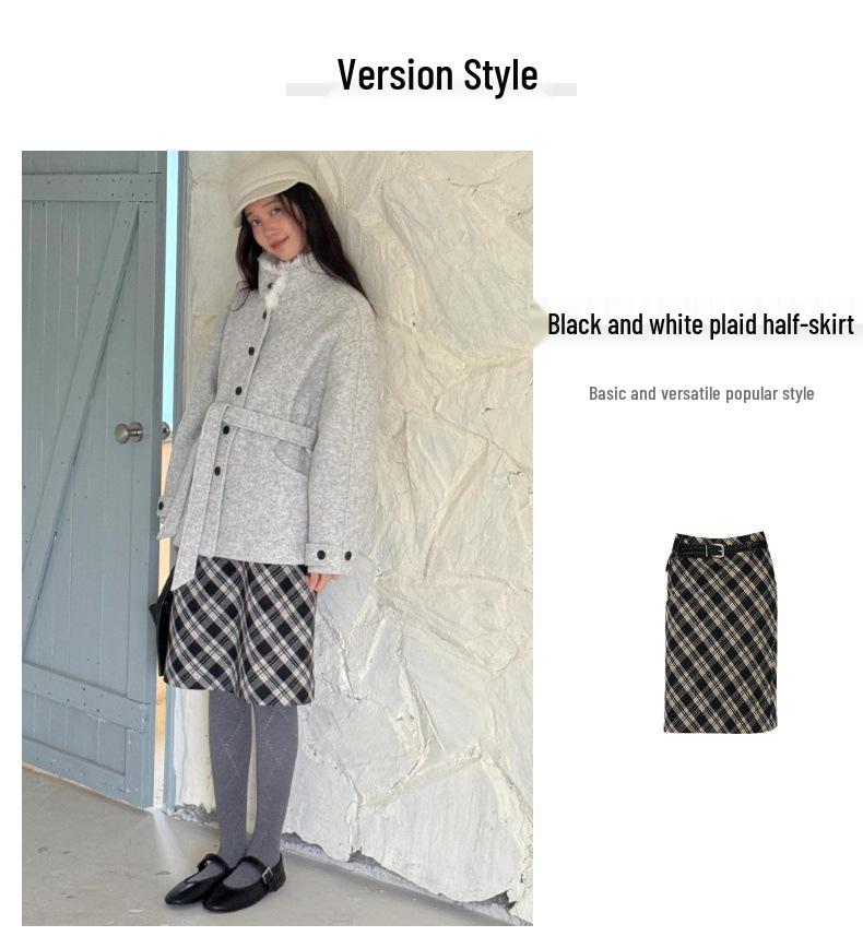 Women's Korean Retro Wool Tweed Plaid Mid-Length Skirt for Autumn/Winter