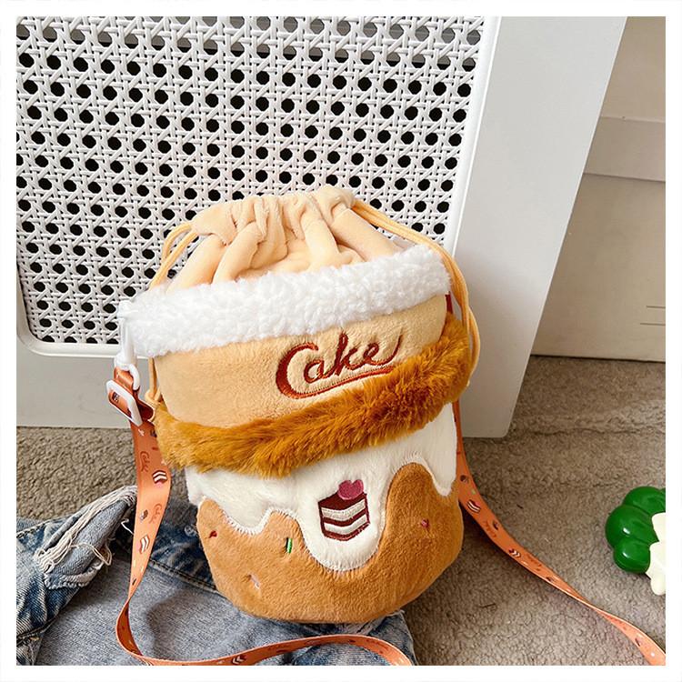 Plush Cake Shape Storage Bag For Girls With Drawstring Kids Purse For Daily Use