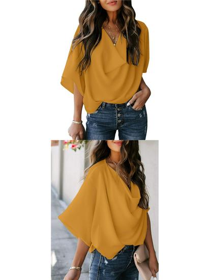 2026 Chiffon V-Neck Loose Casual Top - European & American Style Women's Shirt