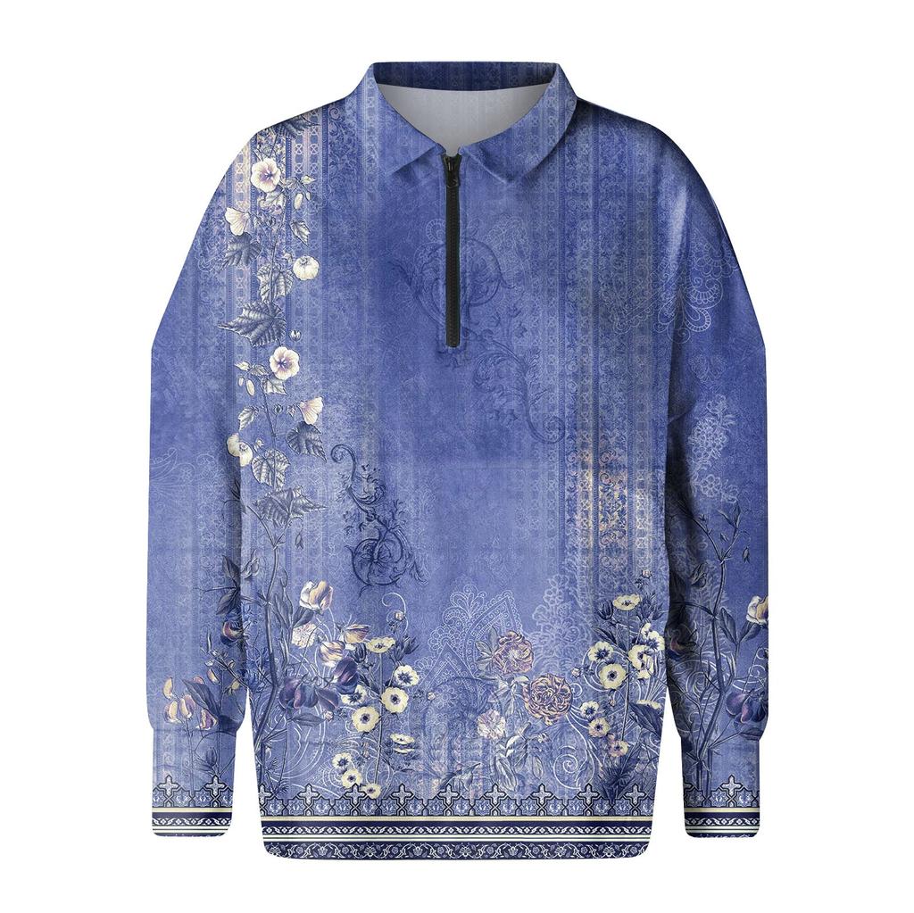 Damen Lässiges Übergroßes Sportshirt mit Halbreißverschluss Langärmlig Bedruckt mit Tasche Pullover-Top