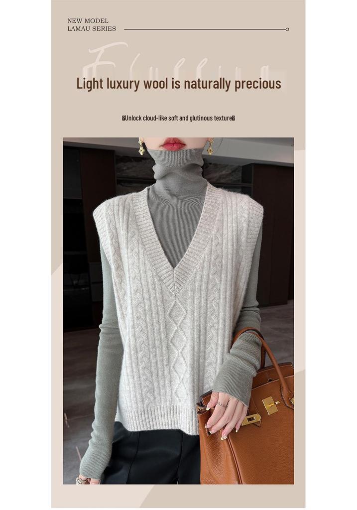 Women's Wool V-neck Diamond Pattern Knit Vest - Versatile Loose Sleeveless Cardigan for Autumn/Winter