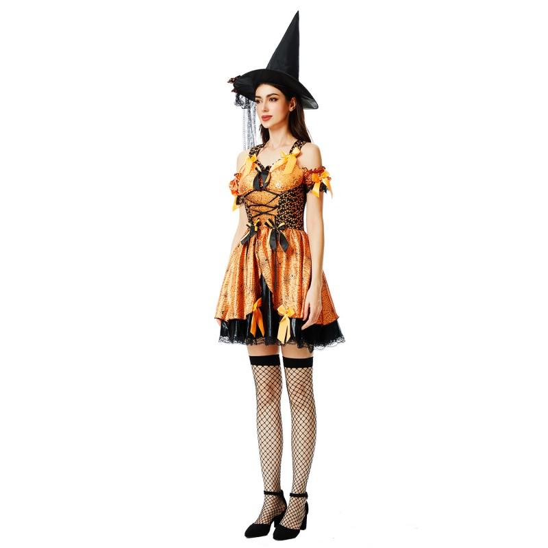 Witch Costume Women Halloween Cosplay Dress Set Sexy Gothic Party Outfit Pumpkin Theme Role Play