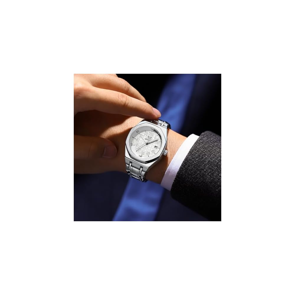 OPK Men's Casual Business Watch White Octagonal Case Grid Dial Date Waterproof Luminous Stainless Steel
