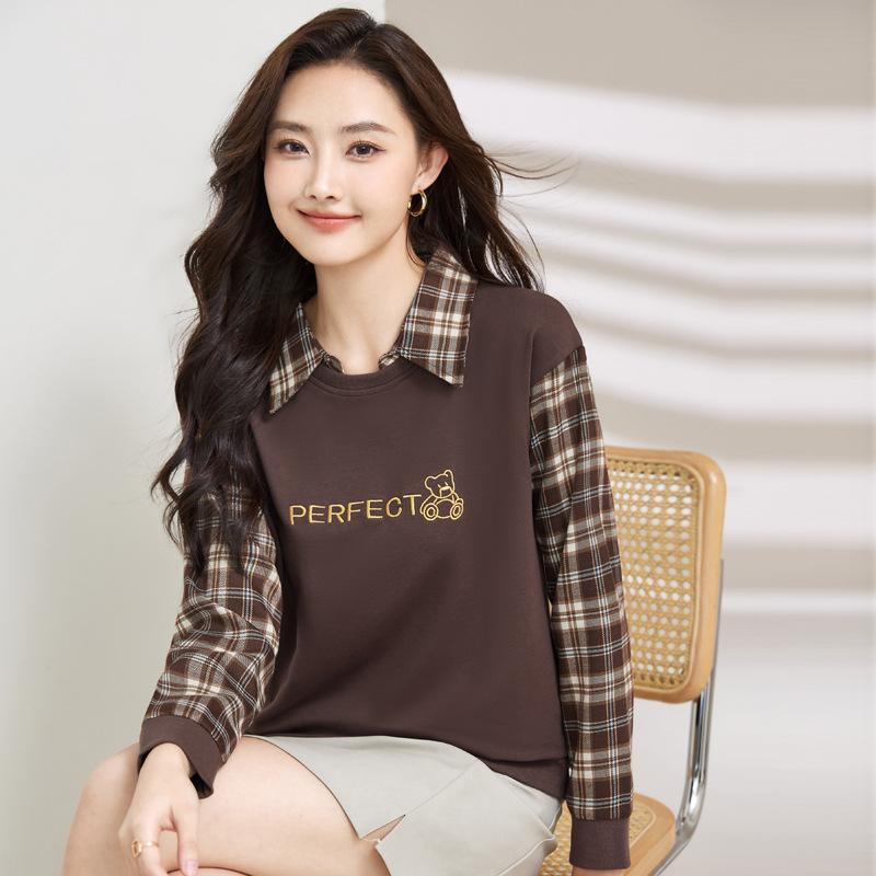 Women's Spring New Fashion Check Fake Two High Grade Loose Long Sleeved Top