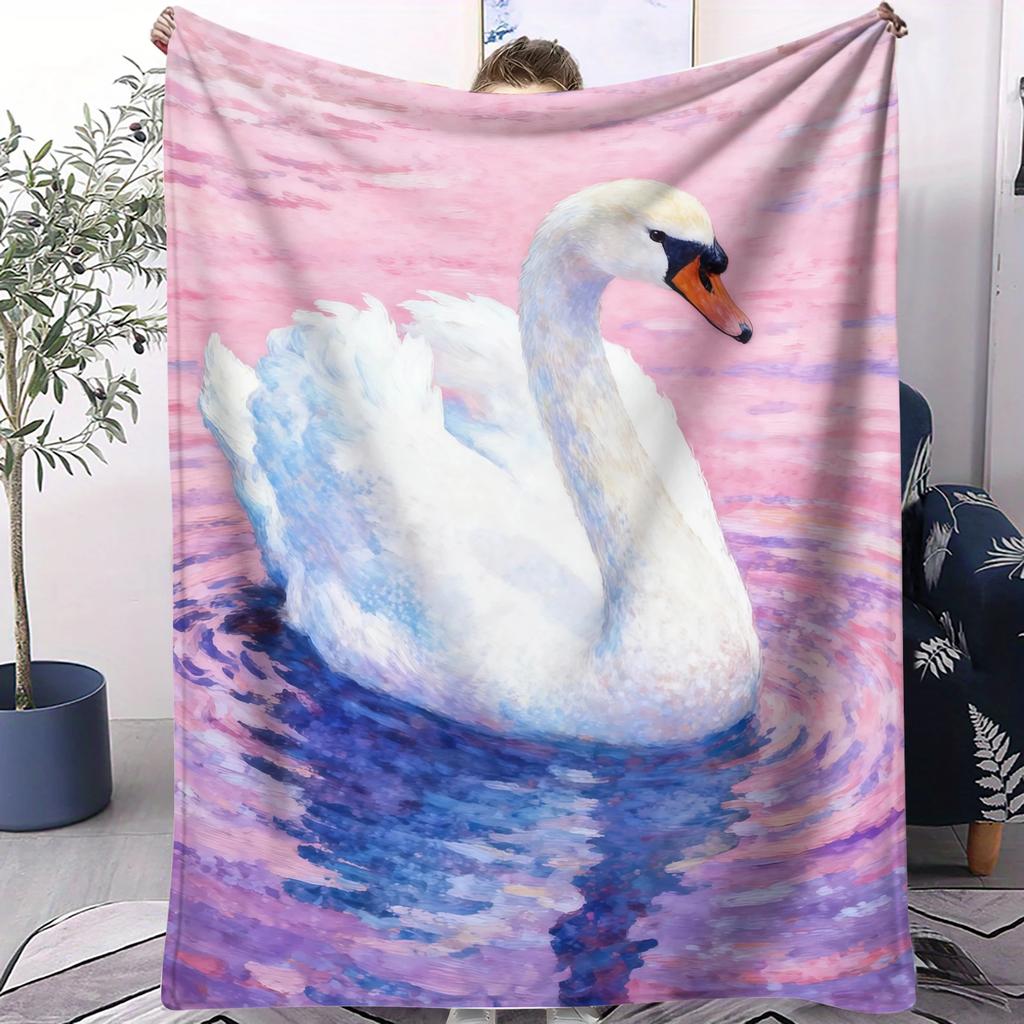 PC Elegant Swan Print Unisex Soft Flannel Blanket for Kids Warm Cute Multifunctional Plush Throw for Gift
