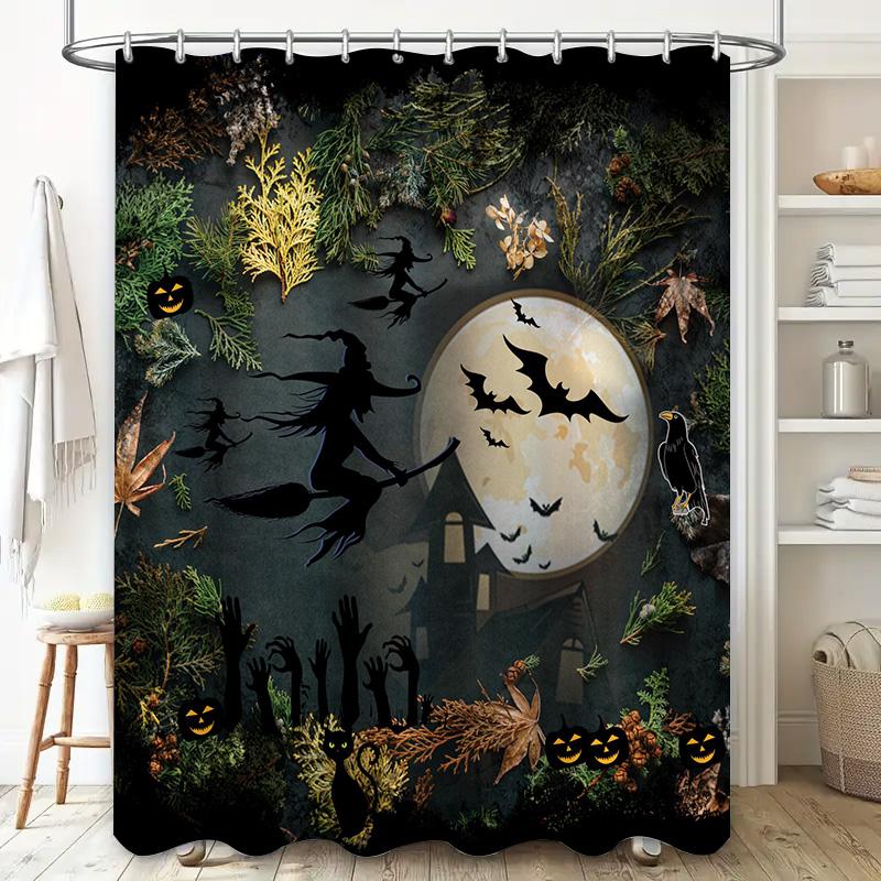 Halloween-themed shower curtain featuring a witch flying through the air with bats and pumpkins perfect for spooky decor Black