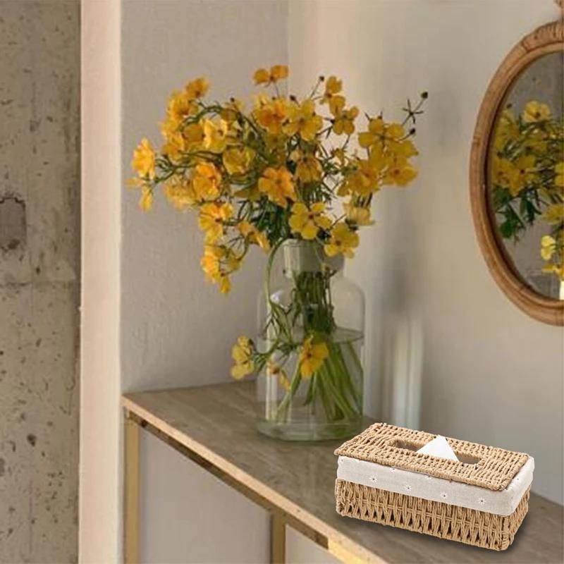 Creative Handmade Rattan Tissue Box Household Paper Storage Basket Home Decoration Khaki Floral Style 1 PCS