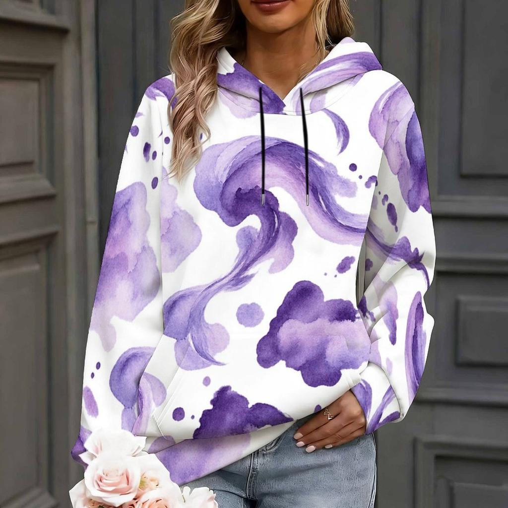 Women Plus Size Colorful Brush Print Long Sleeve Kangaroo Pocket Drawstring Hoodie