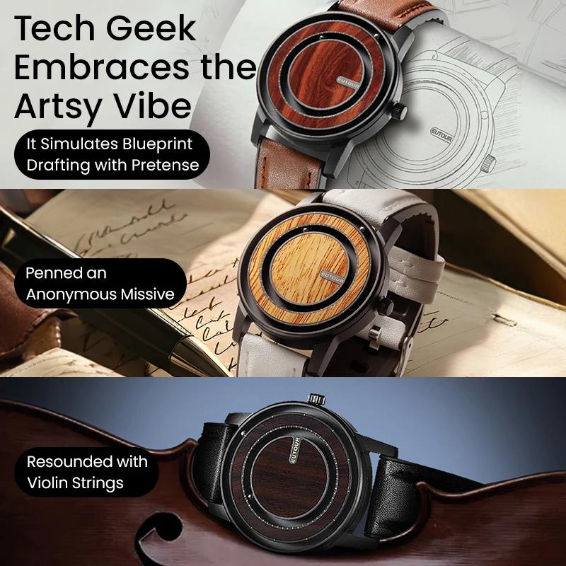 AUQ1 EUTOUR-Reloj Magnético de Bolas Unisex, Reloj con Elemento de Diseño de Madera, Correa de Cuero PU, Diseño Único de Agujas, Reloj Casual de Negocios