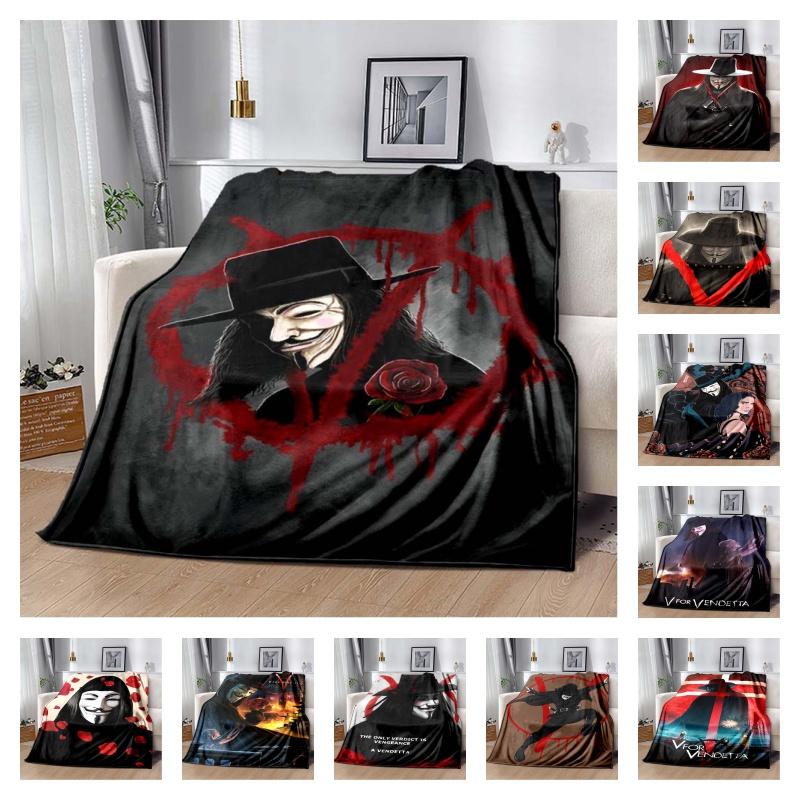 V For Vendetta Mask Red Rose Bloody V Print Soft Flannel Throw Blanket Warm Sofa Couch Bed Home Decor Cover For Comic Fans