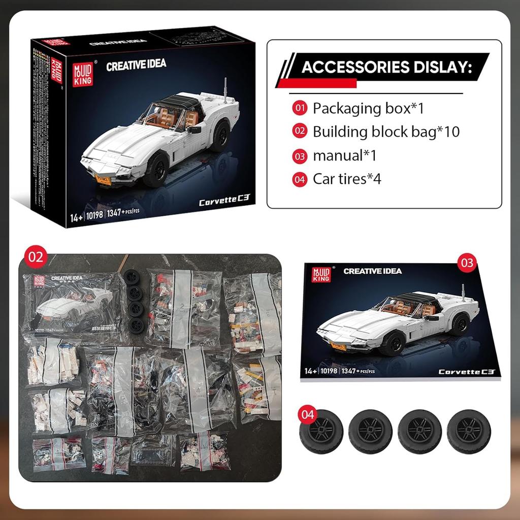 Mould King 10198 Technic Super Sports Car Building Block Set (Static, 1347+ Pieces) - Sports Car Model for Adults and Teens
