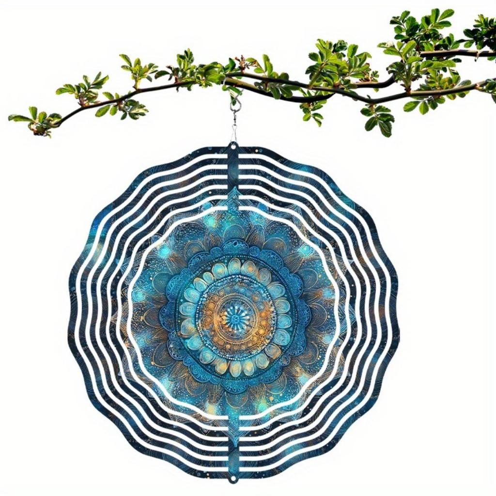 Bohemian Wind Spinner Outdoor Decor 10 Inch Hanging Garden Ornament with 360 Swivel Hook Blue Teal Gold Metal All Season Gift