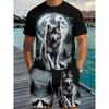 Men'S 3D Digital Print Round Neck Short Sleeve Set, a Two-Piece Outfit for Trendy Guys with a Wolf Theme