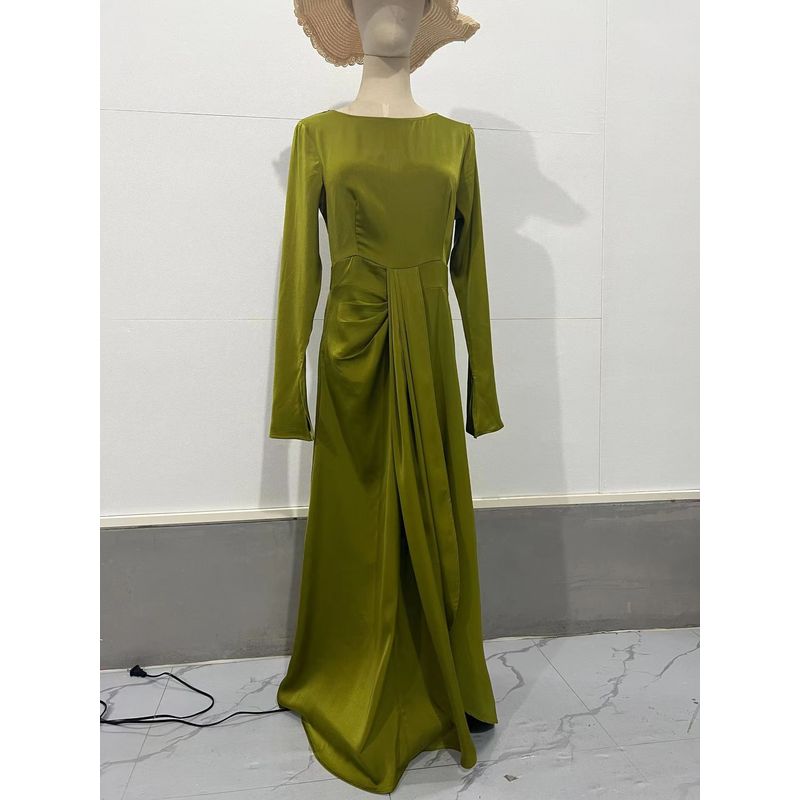 

Fashion New Arrival Pure Color Temperament Crew Neck Slim-Fit Banquet Dress round Neck Slim Fit Dress Fruit Green S