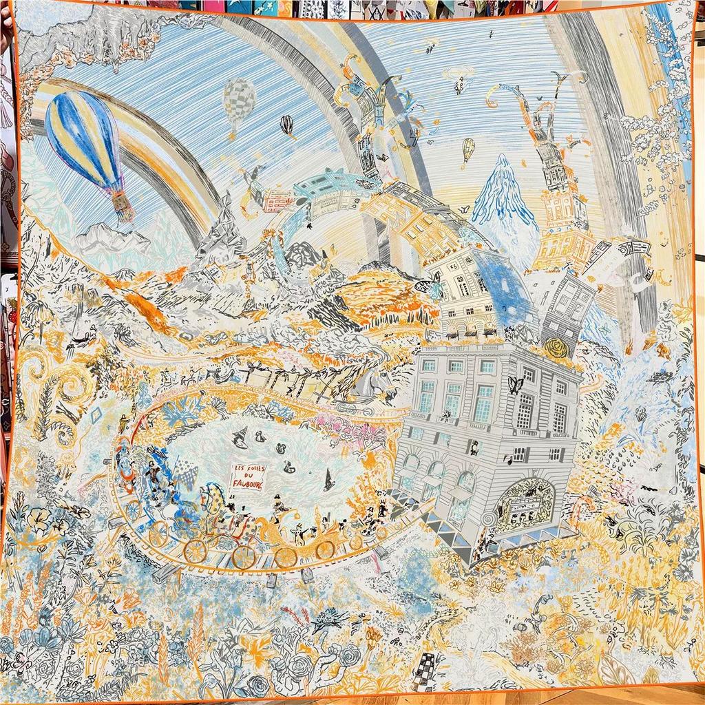 Autumn/Winter 130cm Faux Silk Wool Square Scarf Women's Warm and Elegant Castle Pattern Scarves Wraps Pashmina Hijab