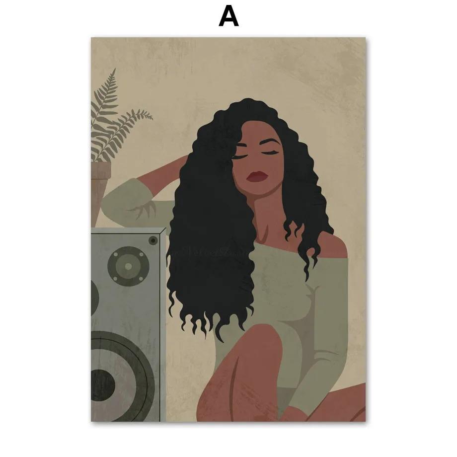 Abstract African Black Girl Swing Hand Flower Minimalist Wall Art Canvas Painting Posters for Living Room Modern Home Decor