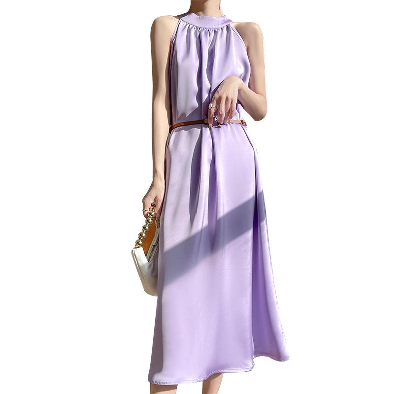 2024 Summer Women's French Retro Acetate Satin Halter Neck Sleeveless Dress