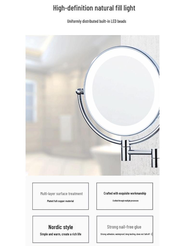 LED Bathroom Vanity Mirror with Folding Makeup Light - Wall-Mounted for Home & Hotel Use
