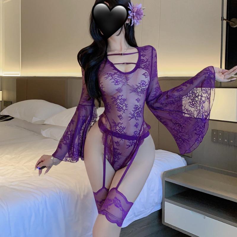 Sexy Lingerie Sexy Purple Perspective Uniform Pure Desire One-piece Nightdress Deep Lace Lace Horn Sleeve Hollow Woman