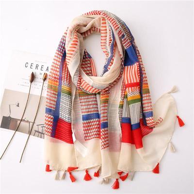 Damen Schal mit geometrischem Muster und Retro-Streifen: Sommer-Reise-Strandtuch, Baumwoll-Leinen-Schal, leichter langer Seidenschal